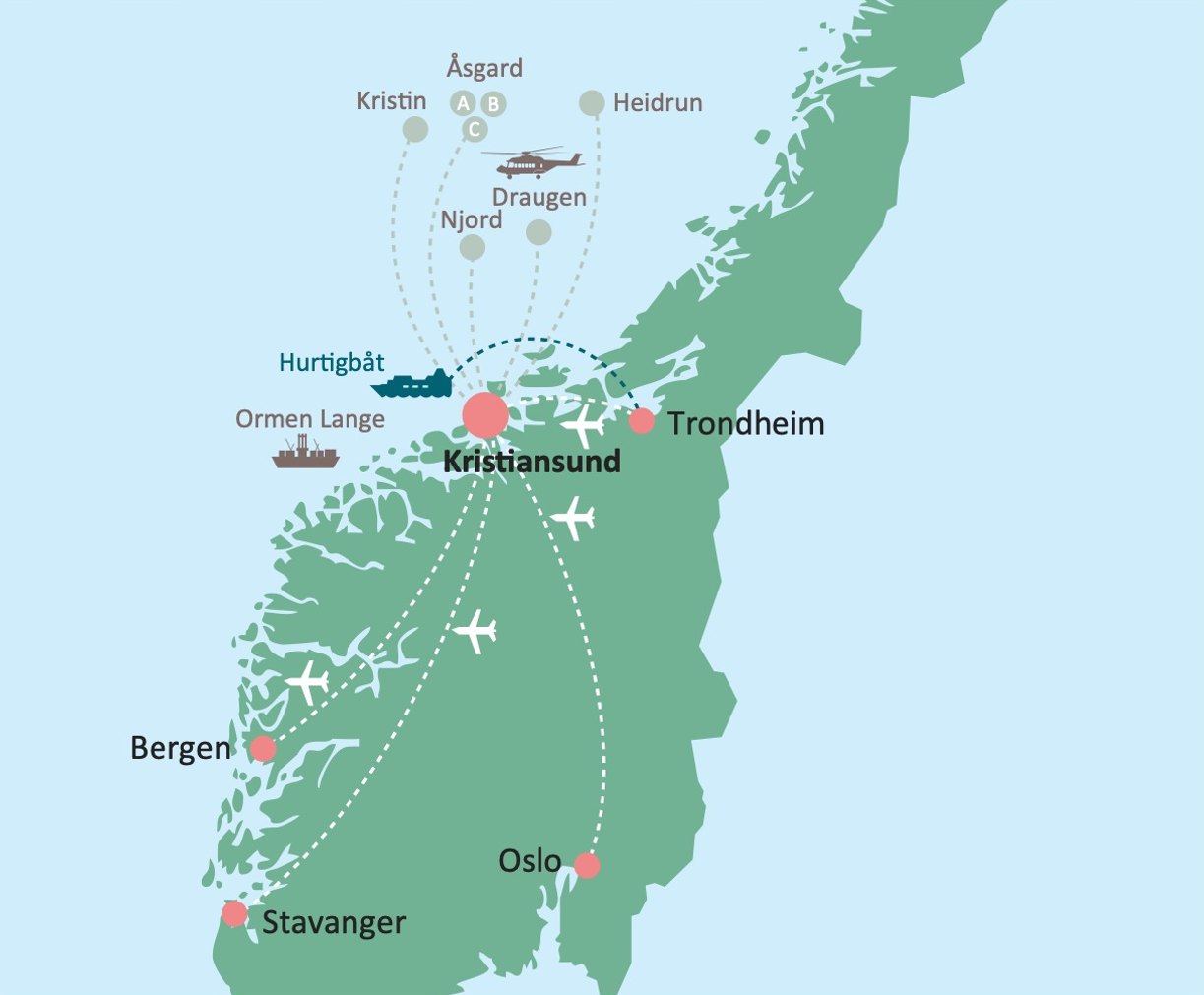 Norgeskart med markeringer